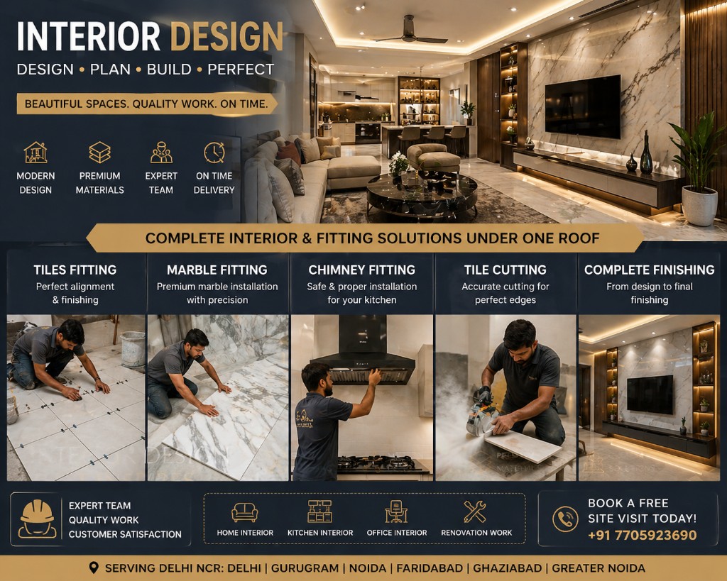KaamEasy interior design — design, plan, build: tiles, marble, chimney fitting, finishing; serving Delhi NCR